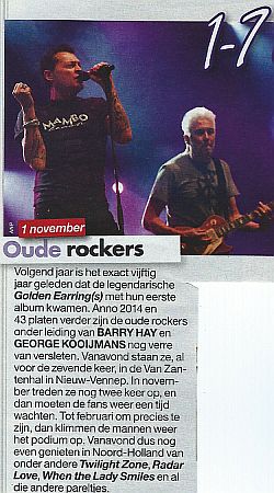 Golden Earring show announcement Prive magazine November 01, 2014 Nieuw-Vennep - Van Zanten hal